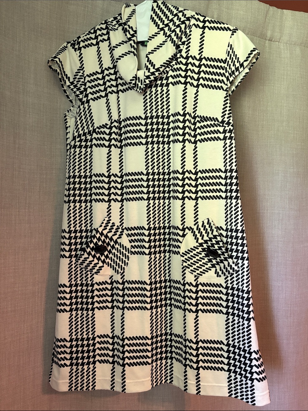 Vintage Black and White Plaid Mini Dress with Cowl and Patch Pockets